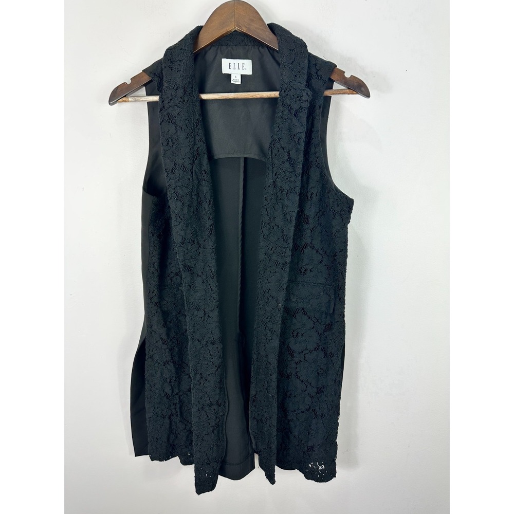 Elle Womens Small Black Lace Longline Vest Open Front Sleeveless Layering Boho